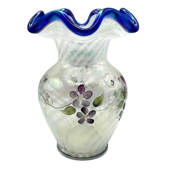 Vintage Fenton Iridized French Opalescent Spiral Optic Vase Cobalt Blue Edge